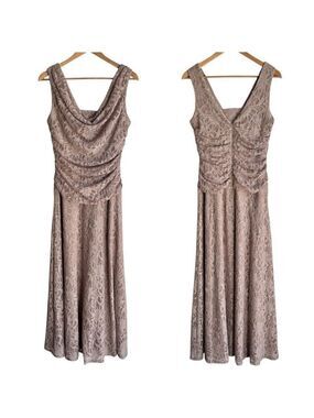 Nightway Sparkly Lace Evening Dress Sz 10 Mauve Maxi Sexy Ruching Party Gala EUC